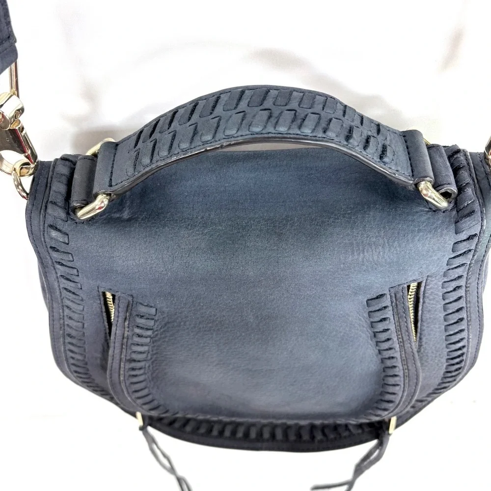 Rebecca Minkoff Vanity Saddle Bag Navy Blue Suede Whipstitch Crossbody Boho